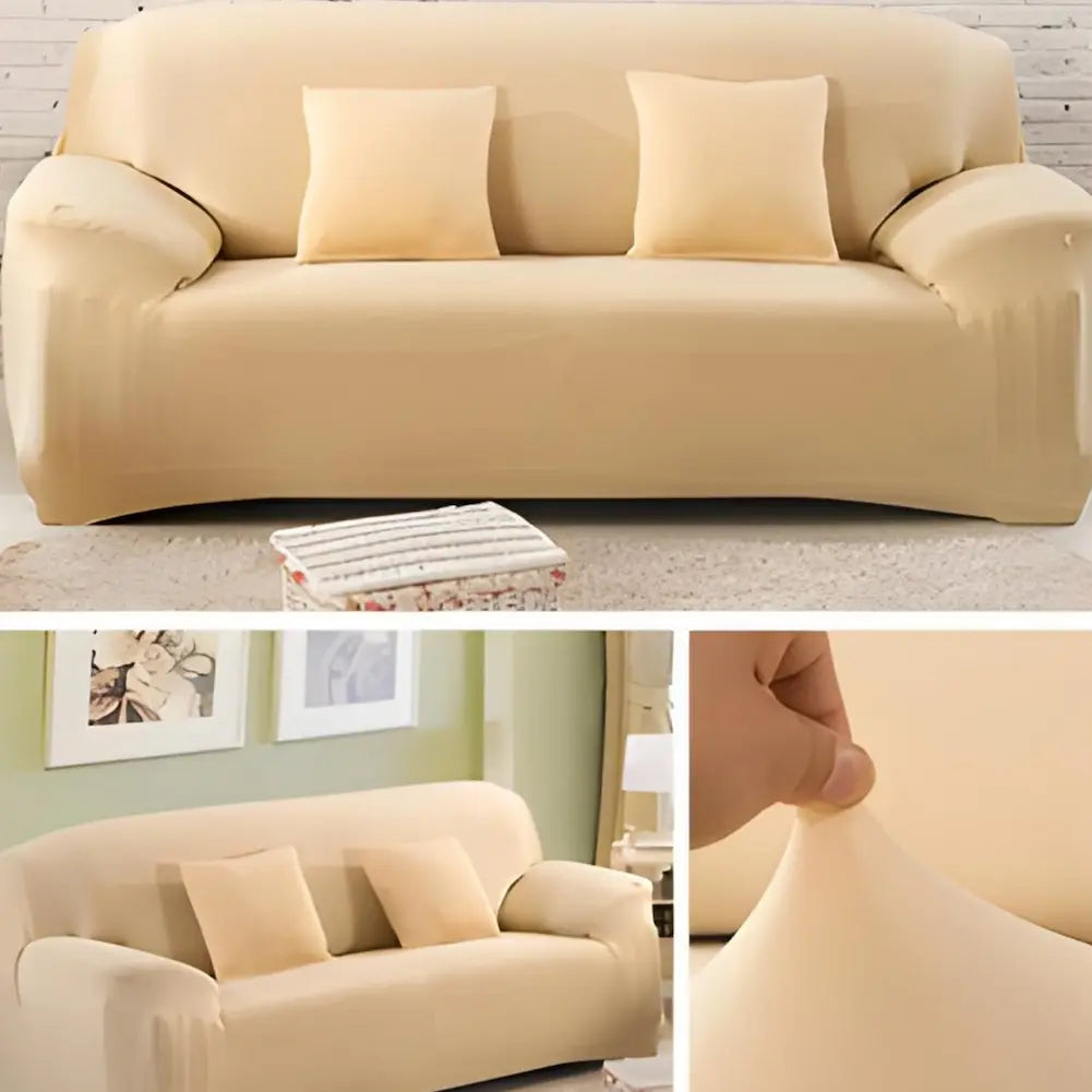 Imagem composta por três partes. A parte superior mostra um sofá bege com três almofadas combinando. A parte inferior esquerda exibe uma visão lateral do mesmo sofá em uma sala decorada. A parte inferior direita mostra uma mão puxando o tecido elástico da capa do sofá, destacando sua elasticidade.